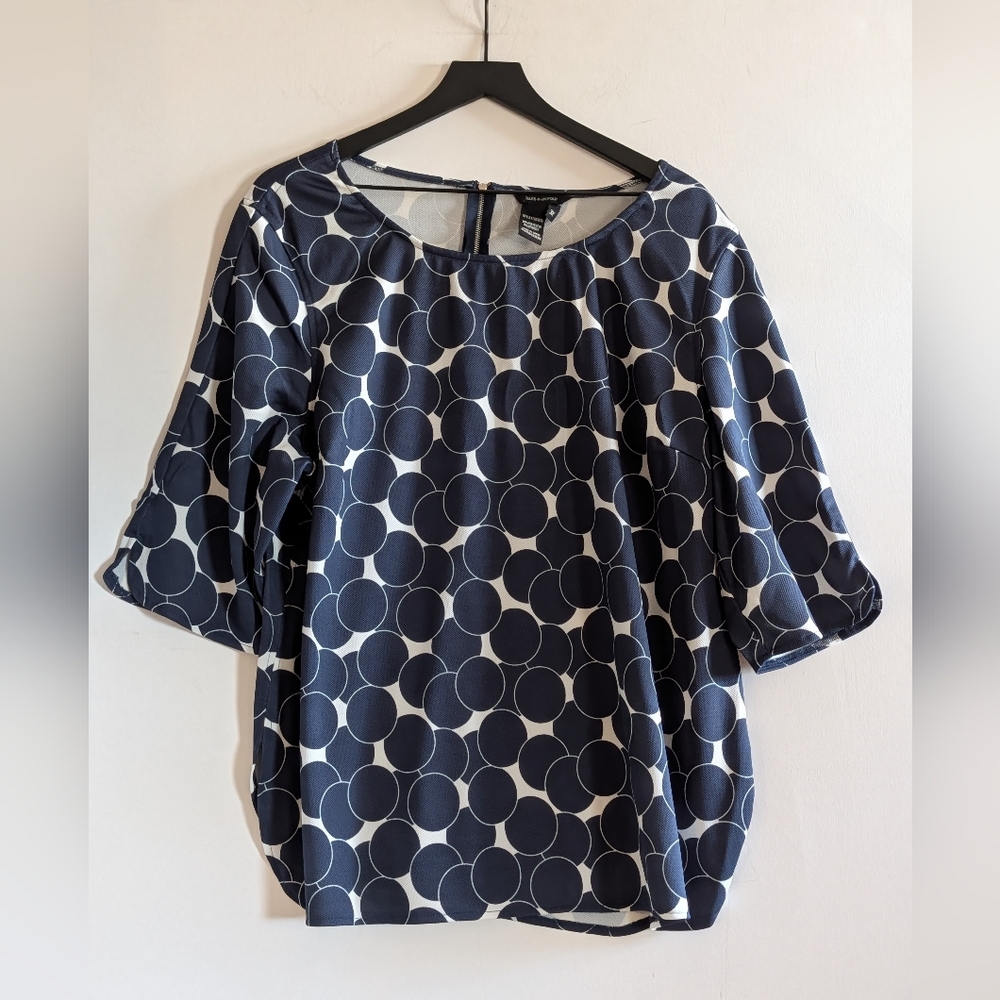 Jules & Leopold Navy Polka Dot Blouse Back Zip Size 3X Plus Chic Classic Work